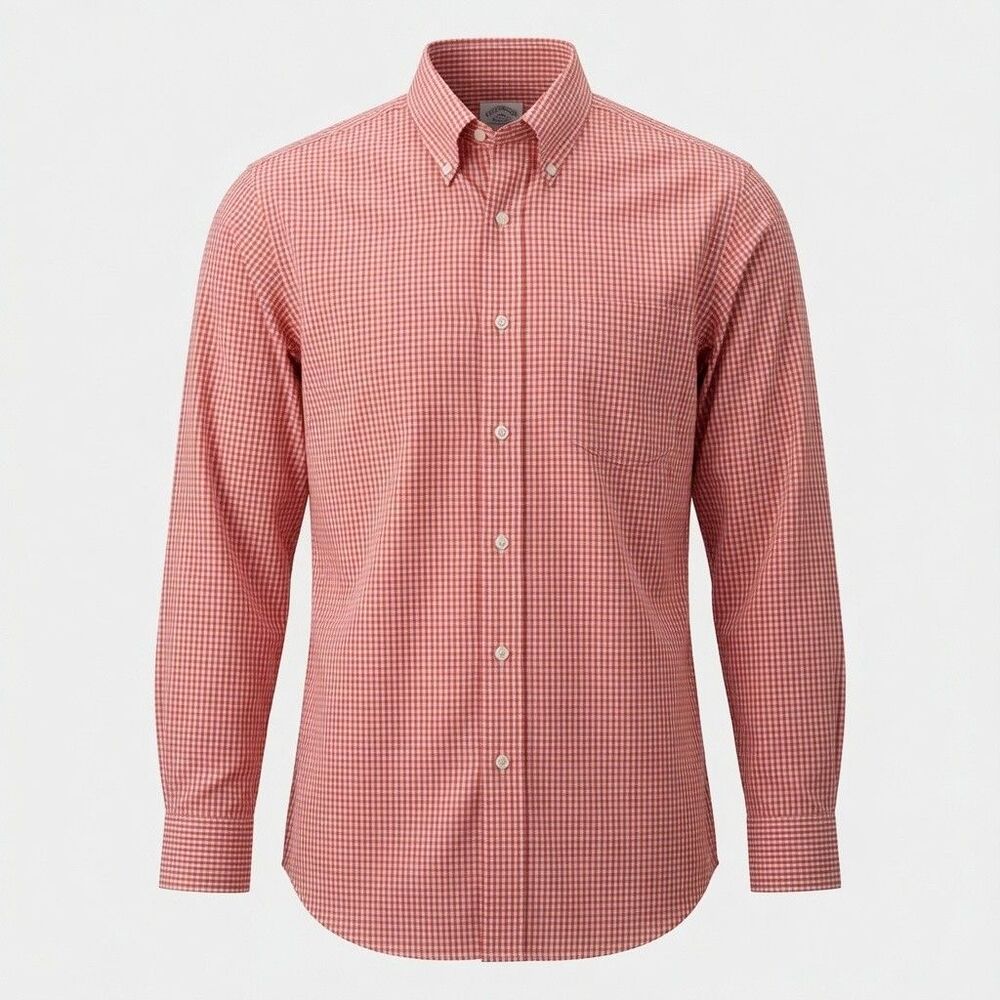 Brooks Brothers Regent Check Supima Cotton NonIron Shirt Mens 16 34 Orange White